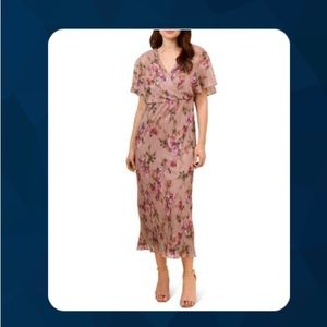 Adrianna Papell metallic floral print rose pink short sleeve dress 14